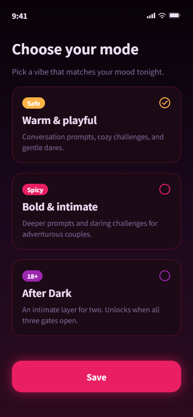Mode selection screen with Safe, Spicy and After Dark options