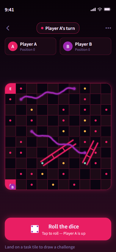 HoneyRoll game board with two tokens on a 100-tile neon board