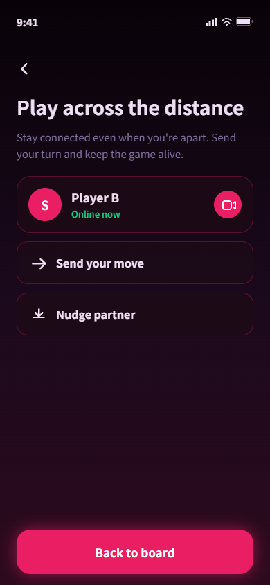 Long distance mode screen showing a synced board and nudge controls