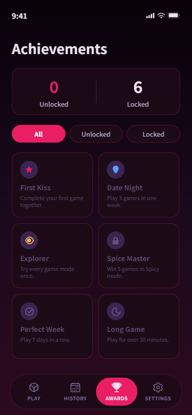 Achievements grid showing unlocked and locked milestones